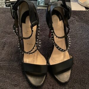 Christian Louboutin Black Leather Spike-Ankle Strap Heels